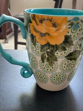 Pioneer Woman Ceramic Coffee Cup Xlg teal & gold floral boho rose design